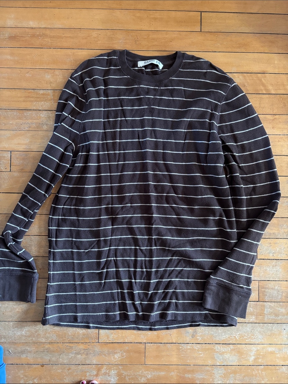 EUC Men's Brown and White Striped Long Sleeve Thermal Crewneck Knit